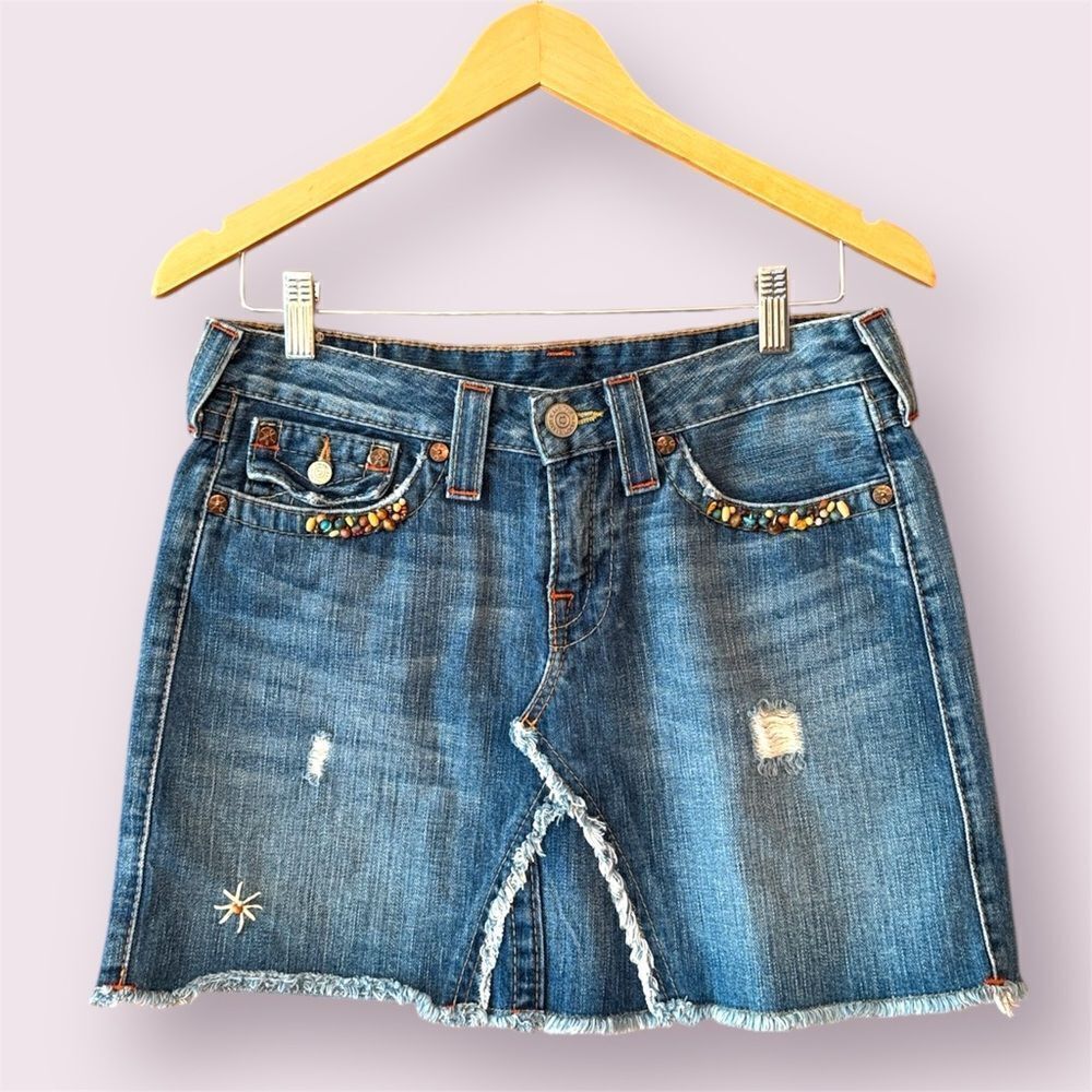 TRUE RELIGION Vintage Y2K Beaded Embroidered Denim Mini Skirt Made In USA